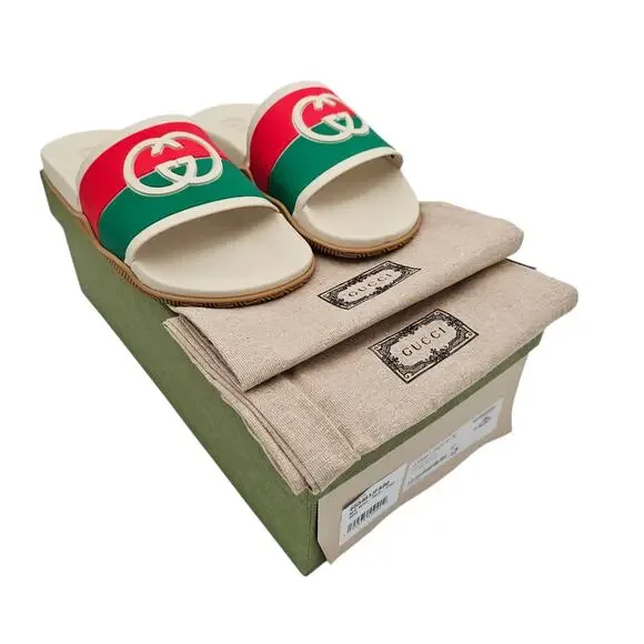 Gucci GG Slide Flat Pool Sandal White Red Green Web Stripe Rubber Size 40 US 10 - Picture 2 of 11